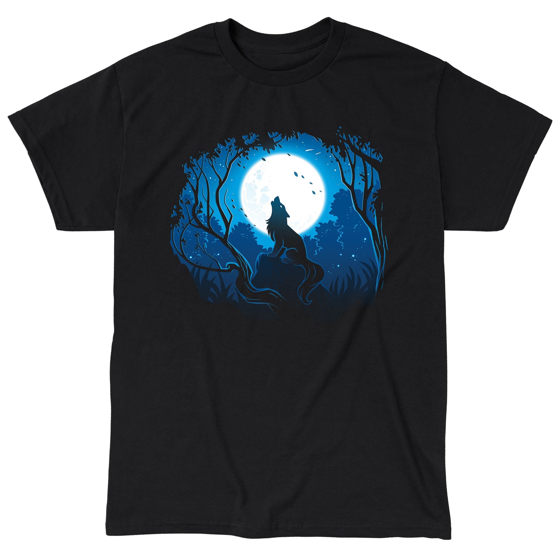 Classic Cotton T-shirt_TeeTurtle Moonlight Wolf black t-shirt featuring an artistic wolf howling at the full moon while sitting on a rock surrounded by trees.