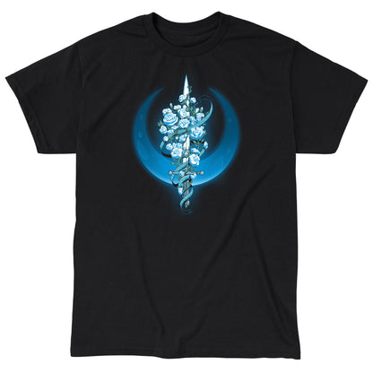 Classic Cotton T-shirt_TeeTurtle Moonlit Blade of Roses black t-shirt featuring a white sword entwined with blue roses and vines, set against a blue crescent moon.