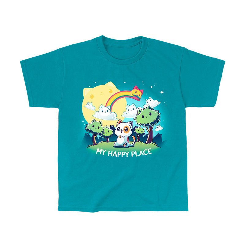 Classic Cotton T-shirt_TeeTurtle My Happy Place (Cats) Tropical Blue t-shirt featuring a cheerful cat with big smiling eyes sitting in a fantasy landscape with cat-shaped clouds, sun, rainbow, and trees all smiling.