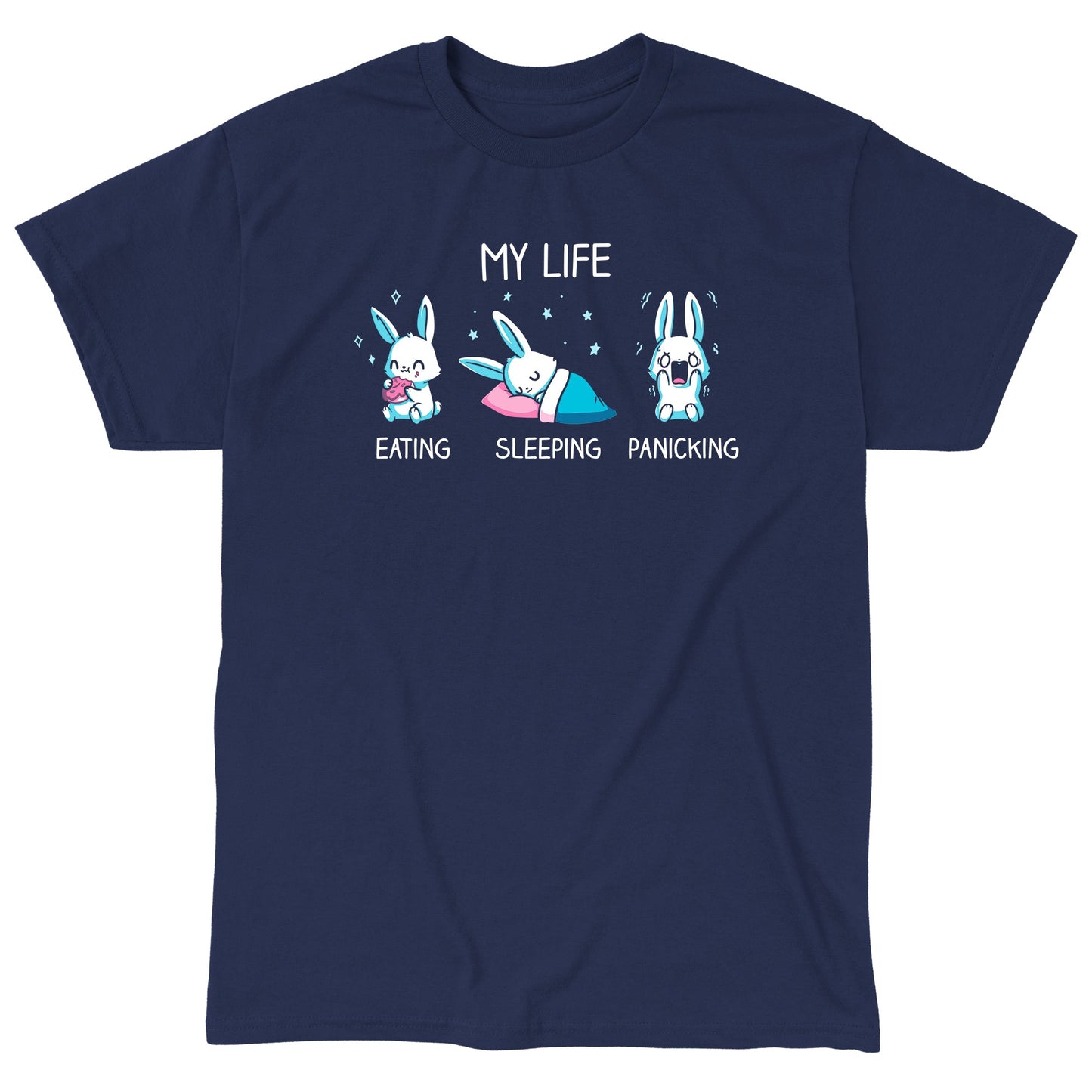 Classic Cotton T-shirt_Teeturtle My Life navy blue t-shirt featuring a white-furred bunny eating, sleeping and panicking with the words 'My Life' above.