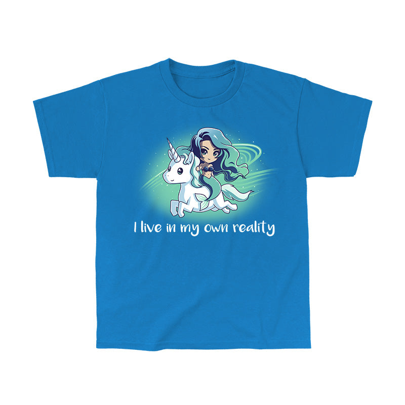 Classic Cotton T-shirt_TeeTurtle sapphire blue My Reality. Featuring a blue-haired mermaid riding a white unicorn.