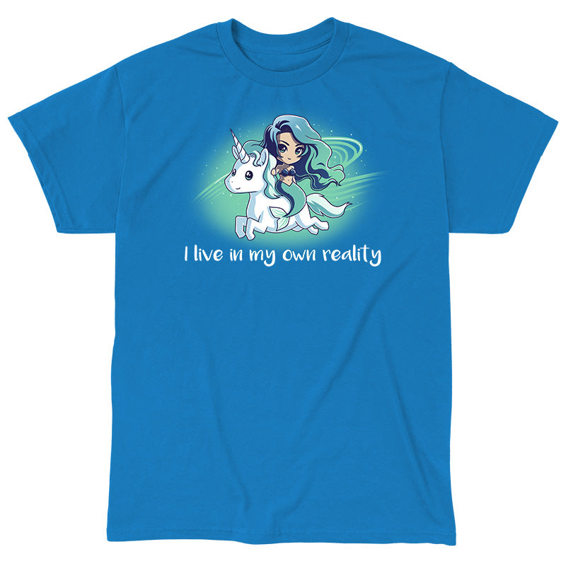 Classic Cotton T-shirt_TeeTurtle sapphire blue My Reality. Featuring a blue-haired mermaid riding a white unicorn.