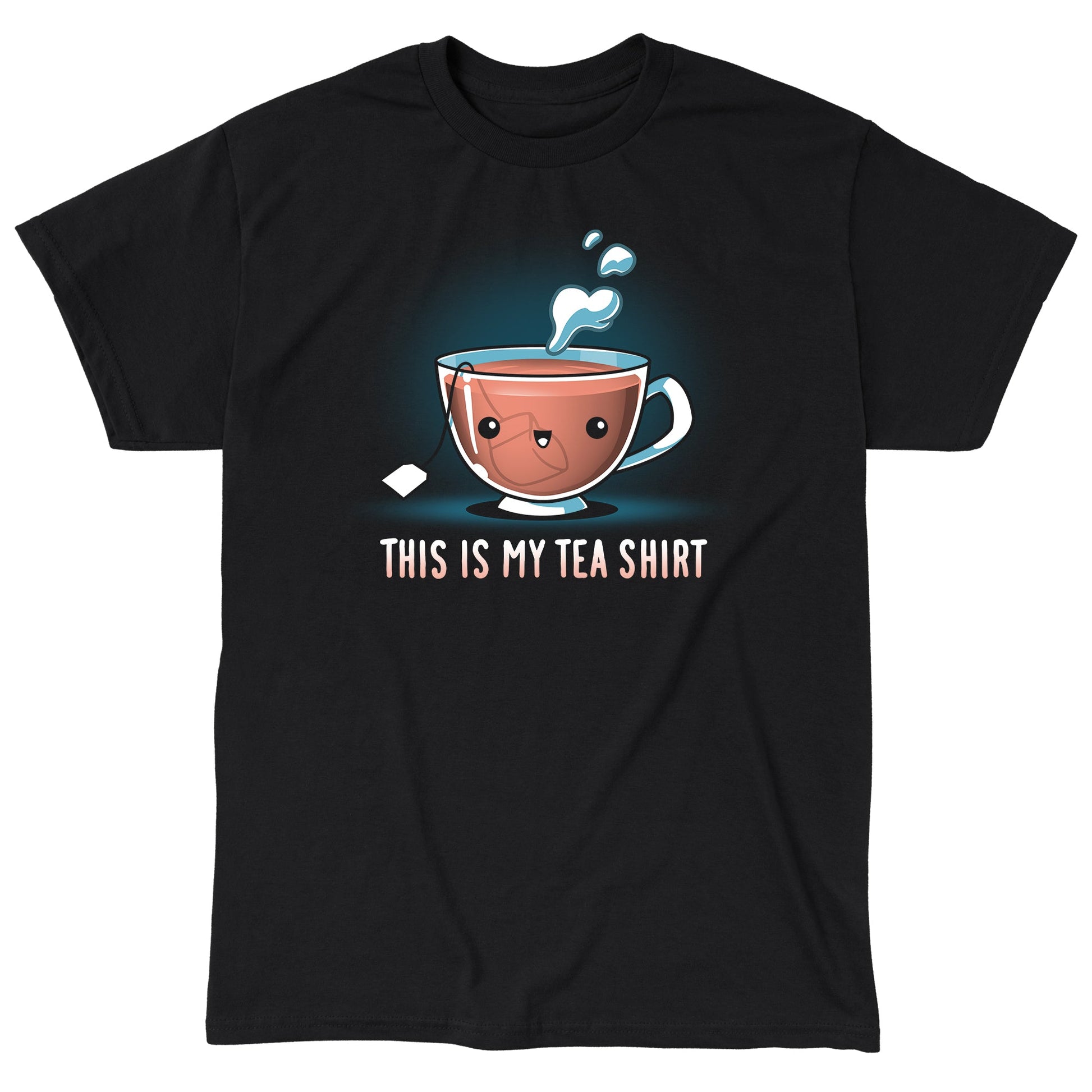 Classic Cotton T-shirt_TeeTurtle My Tea Shirt black t-shirt featuring a smiling teacup with a tea bag inside. Text below reads, "This is My Tea Shirt."