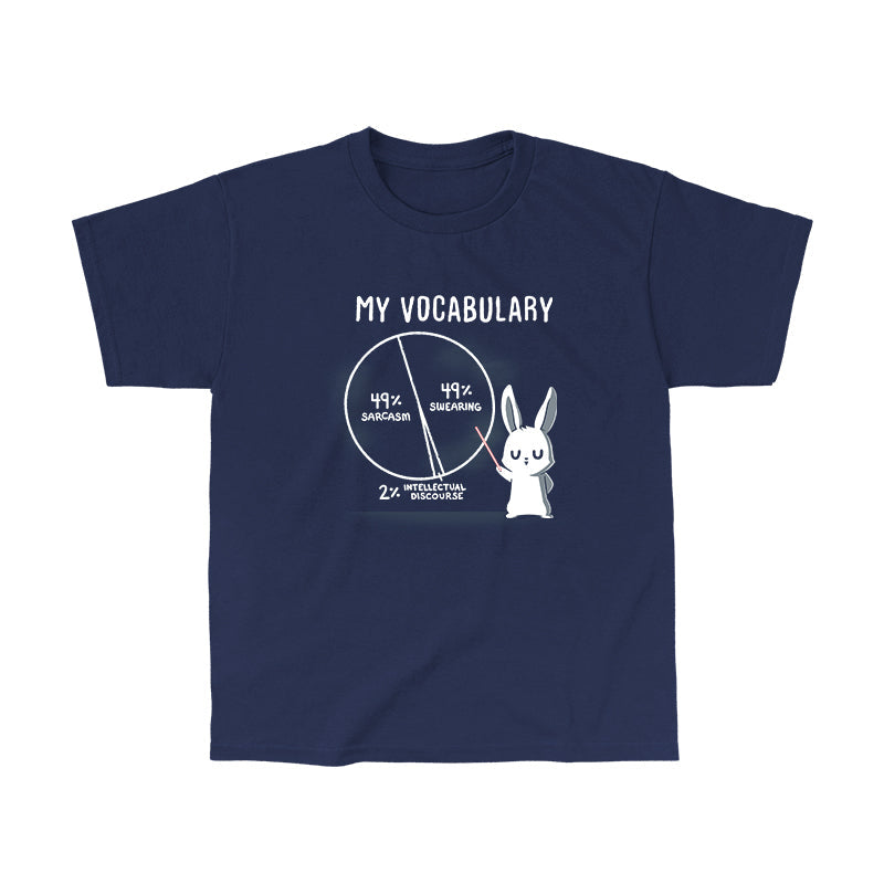 Classic Cotton T-shirt_TeeTurtle navy blue My Vocabulary. Featuring a bunny with a pie vocabulary chart split into 49% sarcasm, 49% swearing, and 2% intellectual discourse.