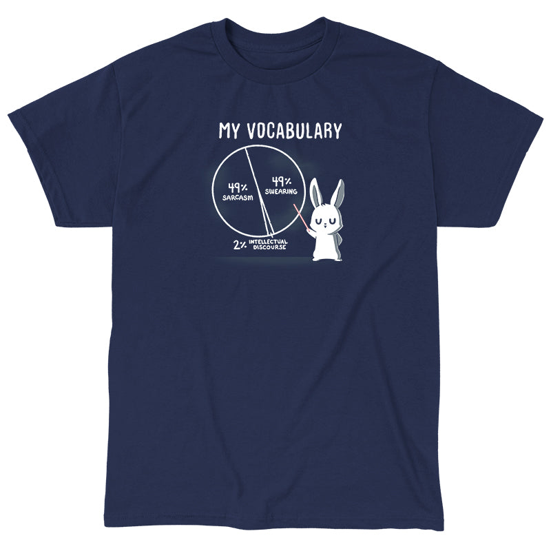 Classic Cotton T-shirt_TeeTurtle navy blue My Vocabulary. Featuring a bunny with a pie vocabulary chart split into 49% sarcasm, 49% swearing, and 2% intellectual discourse.