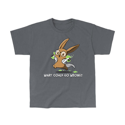 Classic Cotton T-shirt_TeeTurtle What Could Go Wrong? charcoal gray t-shirt featuring  cartoon rabbit wearing glasses and a lab coat, holding two green, bubbling beakers.