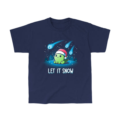 Classic Cotton T-shirt_TeeTurtle let it snow navy blue t-shirt featuring a dinosaur wearing a santa hat.