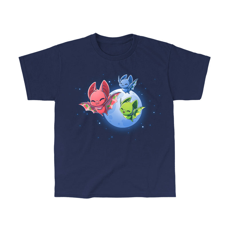 Classic Cotton T-shirt_TeeTurtle Fruit Bats navy blue t-shirt featuring three colorful fruit bats (red, green, blue) with decorative wings flying against a night sky with a full moon and stars.