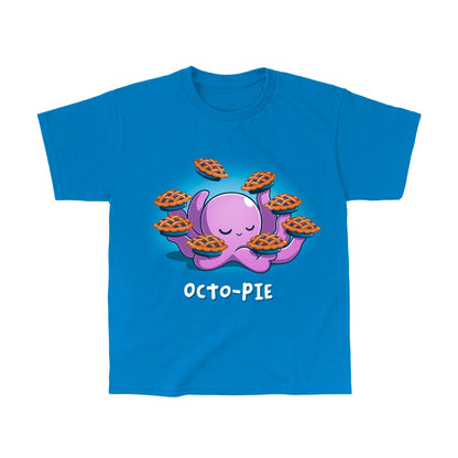 Classic Cotton T-shirt_Teeturtle Octo-Pie sapphire blue t-shirt featuring a cute cartoon octopus holding eight pies in its eight arms with 'Octo-Pie' written beneath.