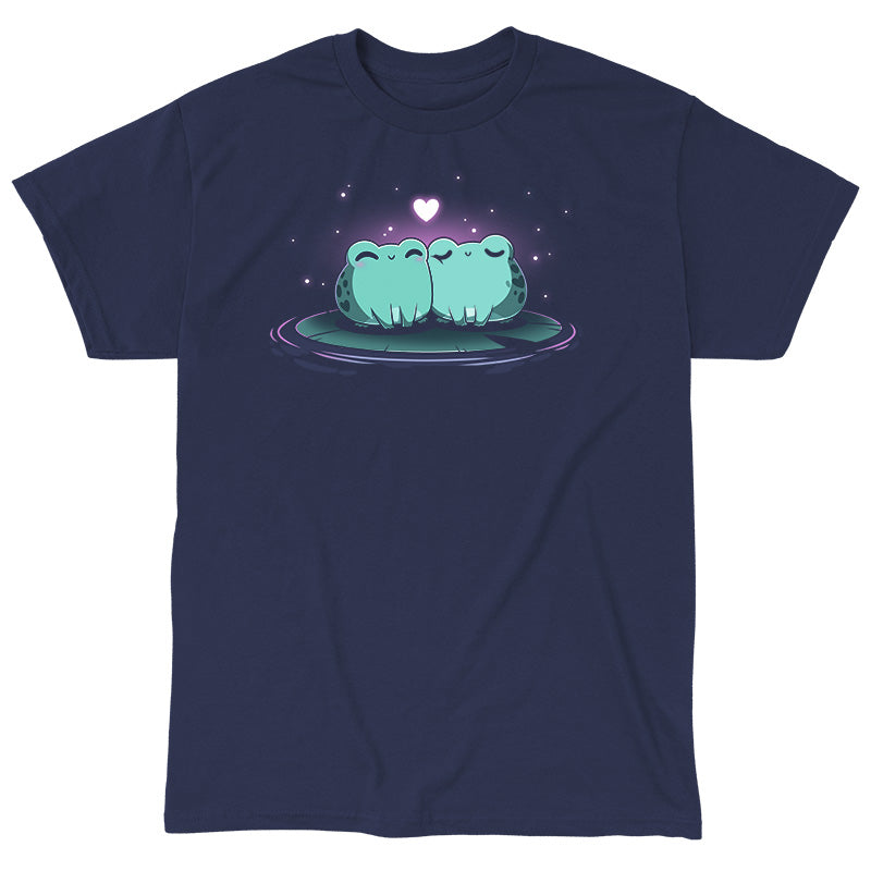 Classic Cotton T-shirt_TeeTurtle Hoppy Together navy blue t-shirt featuring two cute green frogs sitting together on a lily pad, surrounded by glowing stars with a floating heart above them.