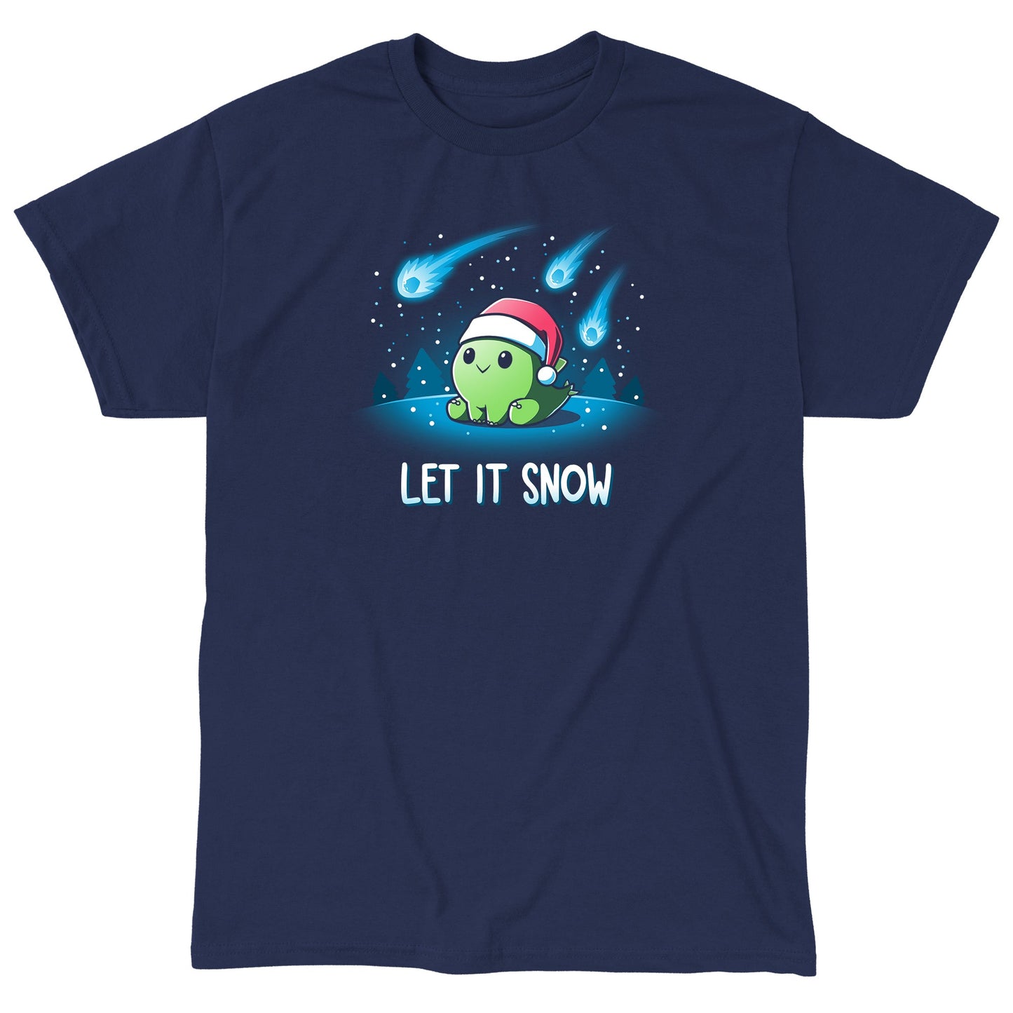 Classic Cotton T-shirt_TeeTurtle let it snow navy blue t-shirt featuring a dinosaur wearing a santa hat.