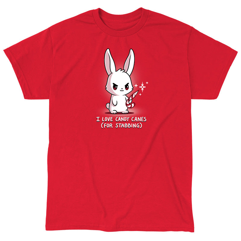 Classic Cotton T-shirt_TeeTurtle I Love Candy Canes(For Stabbing) red t-shirt featuring an angry bunny holding a candy cane with a sharp end.