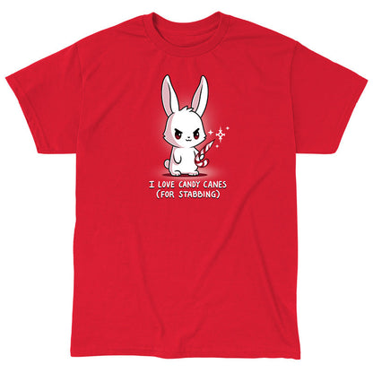 Classic Cotton T-shirt_TeeTurtle I Love Candy Canes(For Stabbing) red t-shirt featuring an angry bunny holding a candy cane with a sharp end.