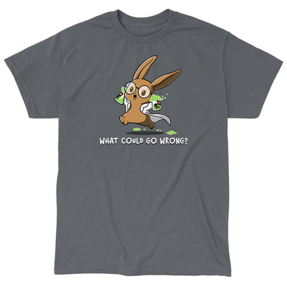 Classic Cotton T-shirt_TeeTurtle What Could Go Wrong? charcoal gray t-shirt featuring  cartoon rabbit wearing glasses and a lab coat, holding two green, bubbling beakers.