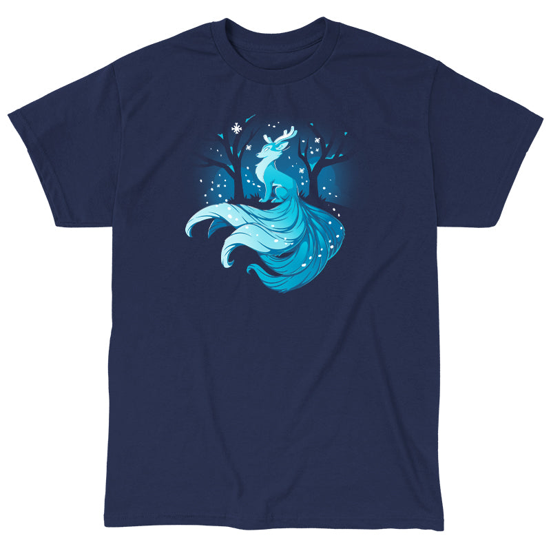 Classic Cotton T-shirt_TeeTurtle Winter Kitsune navy blue t-shirt featuring a blue, fox-like creature with antlers, long tails, and a flowing mane sitting in a snowy forest with bare trees.