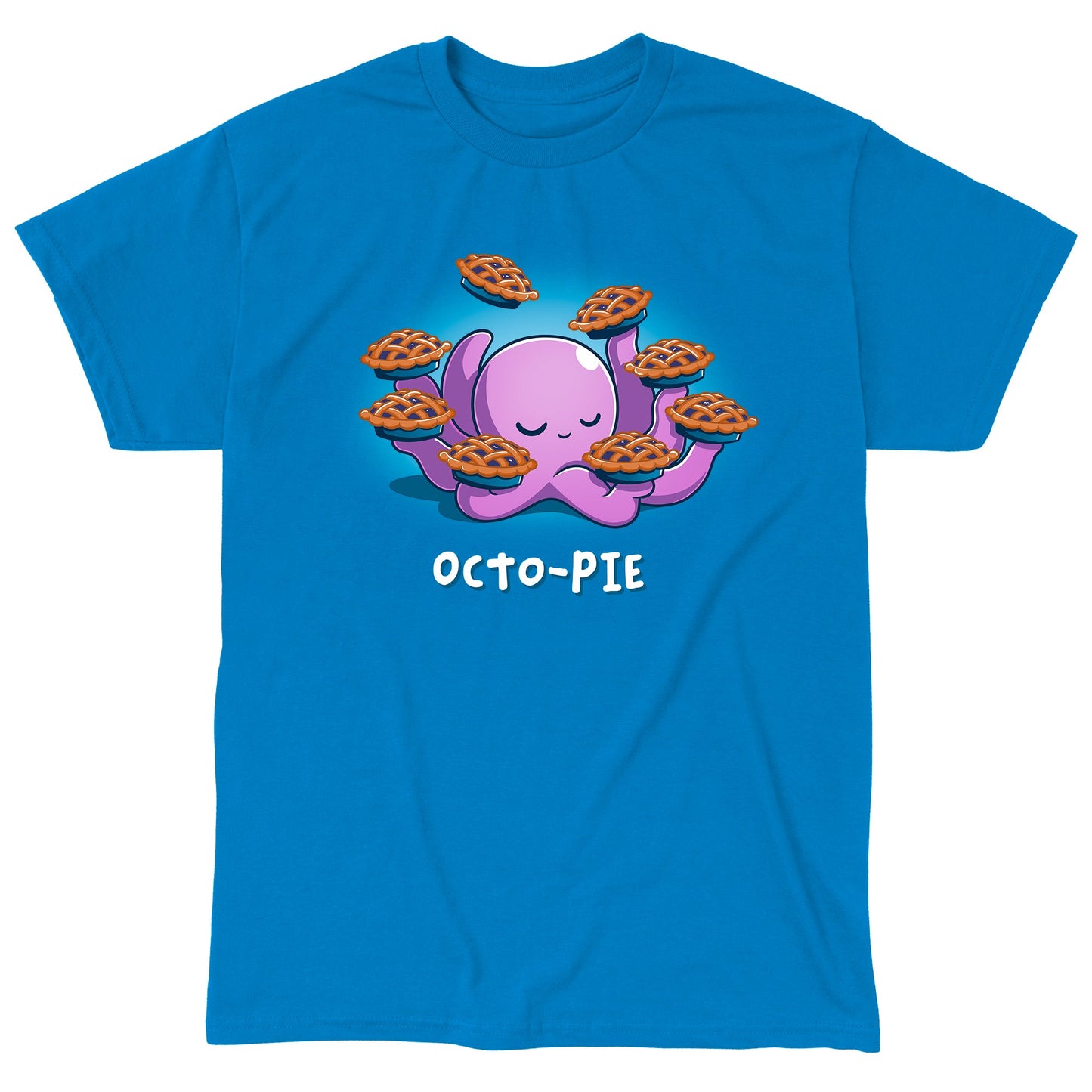 Classic Cotton T-shirt_Teeturtle Octo-Pie sapphire blue t-shirt featuring a cute cartoon octopus holding eight pies in its eight arms with 'Octo-Pie' written beneath.