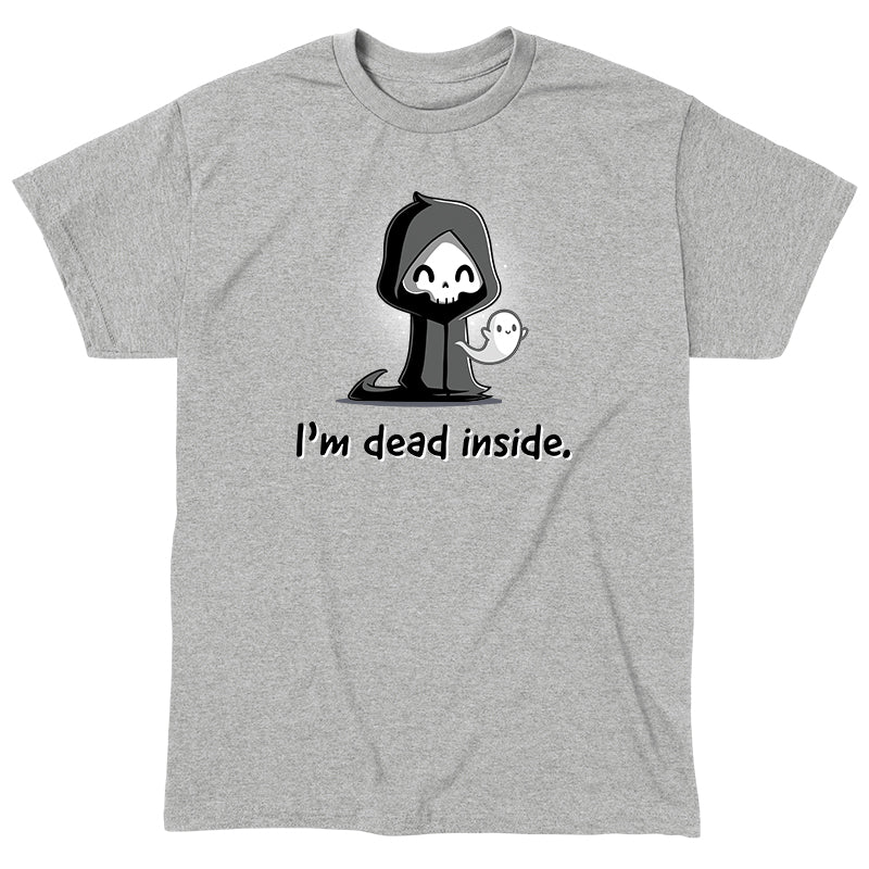 Classic Cotton T-shirt_A cartoon grim reaper, smiling, with a ghost on its right, graces the front of this super soft cotton monsterdigital "I'm Dead Inside" apparel.