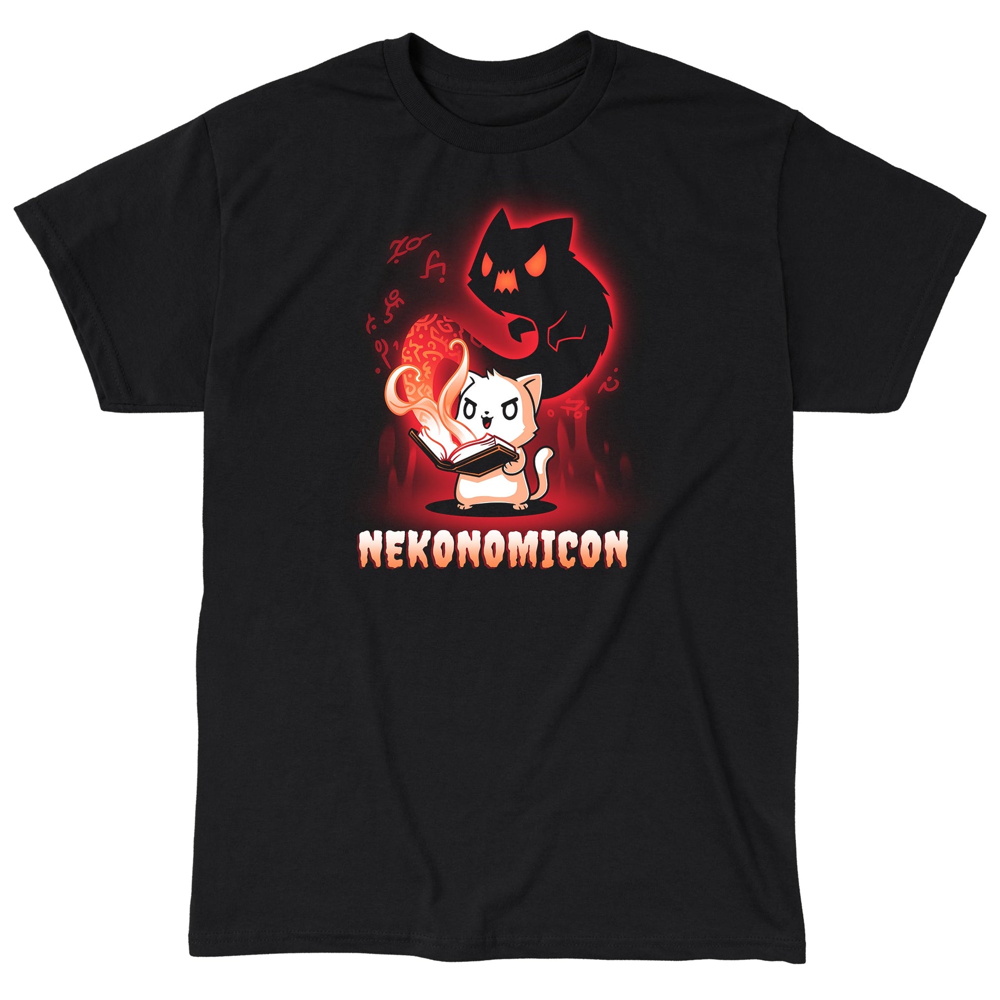 Classic Cotton T-shirt_TeeTurtle Nekonomicon black t-shirt featuring a cat holding an open book with glowing symbols and a shadowy feline figure emerging from it. The word "Nekonomicon" is displayed at the bottom.