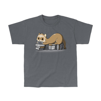 Classic Cotton T-shirt_TeeTurtle Nerdy and Proud charcoal gray t-shirt featuring a ferret laying on books and game consoles, playing a handheld game system.