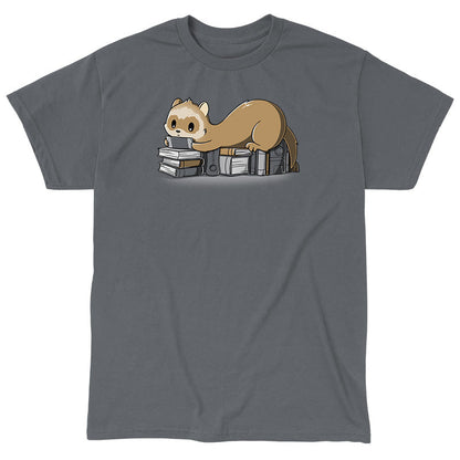 Classic Cotton T-shirt_TeeTurtle Nerdy and Proud charcoal gray t-shirt featuring a ferret laying on books and game consoles, playing a handheld game system.