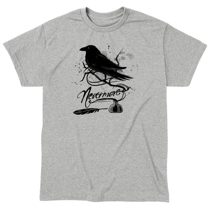 Classic Cotton T-shirt_TeeTurtle sport gray Nevermore. Featuring a raven perched on a branch coming out of an inkwell.