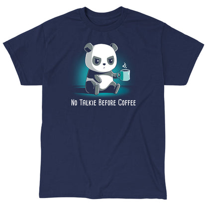 Classic Cotton T-shirt_TeeTurtle navy blue No Talkie Before Coffee. Featuring a grumpy panda holding a cup of coffee.