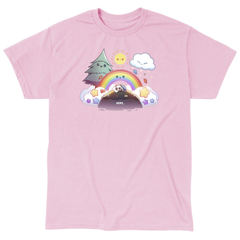 Classic Cotton T-shirt_TeeTurtle light pink Nope Panda apparel featuring a panda on a hill curled up in a blanket with a happy tree, rainbow, cloud, and sun waiting for it to wake up.