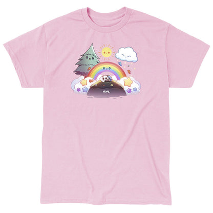 Classic Cotton T-shirt_TeeTurtle light pink Nope Panda apparel featuring a panda on a hill curled up in a blanket with a happy tree, rainbow, cloud, and sun waiting for it to wake up.