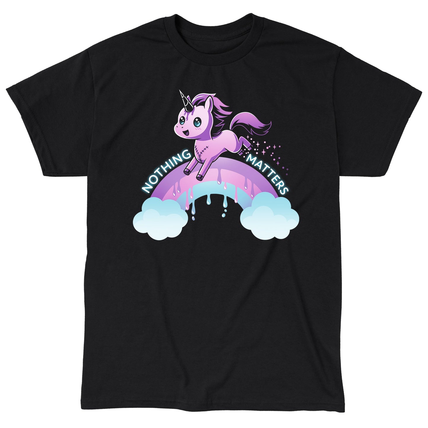 Classic Cotton T-shirt_TeeTurtle Nothing Matters (Unicorn) black t-shirt featuring a purple unicorn jumping over a drippy rainbow.