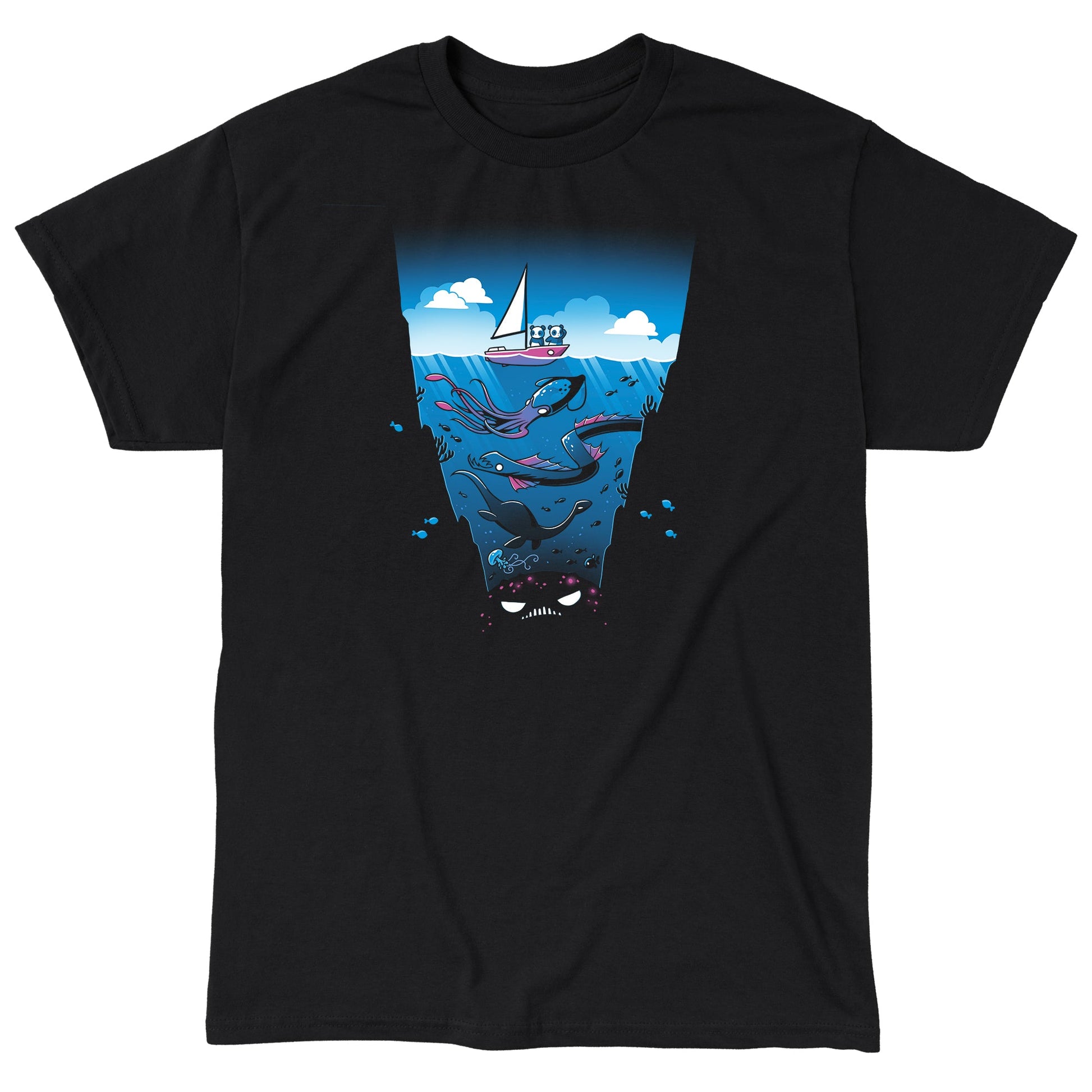 Classic Cotton T-shirt_Teeturtle Nothing to Sea Here Black Featuring two pandas on a sailboat floating over and ocean full of strange, unknown creatures including a giant squid, a sea serpent and a Plesiousaur.