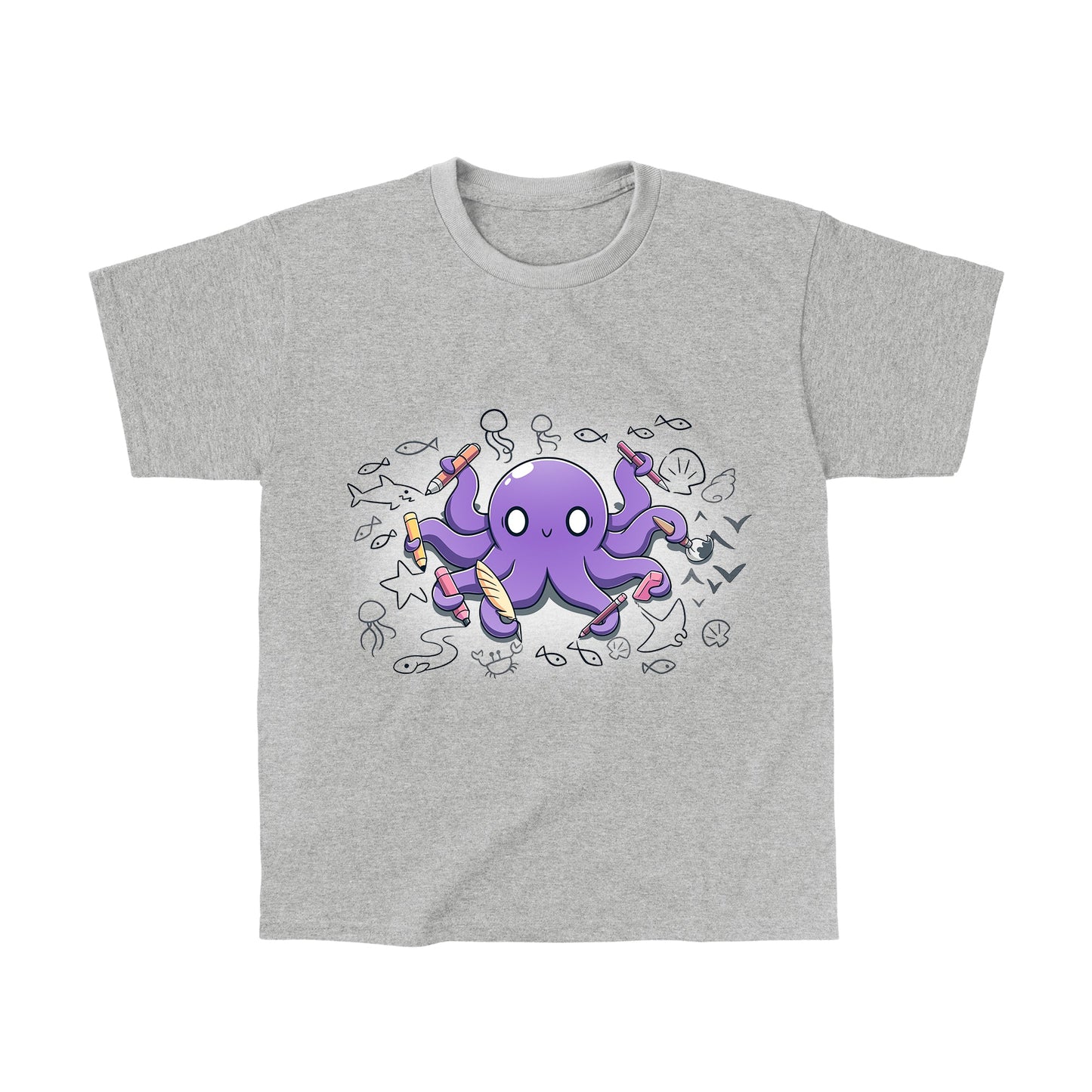 Classic Cotton T-shirt_TeeTurtle Octopus Artist heather gray t-shirt featuring an illustration of a cheerful purple octopus holding various creative tools, surrounded by sketches of sea creatures and nautical elements.