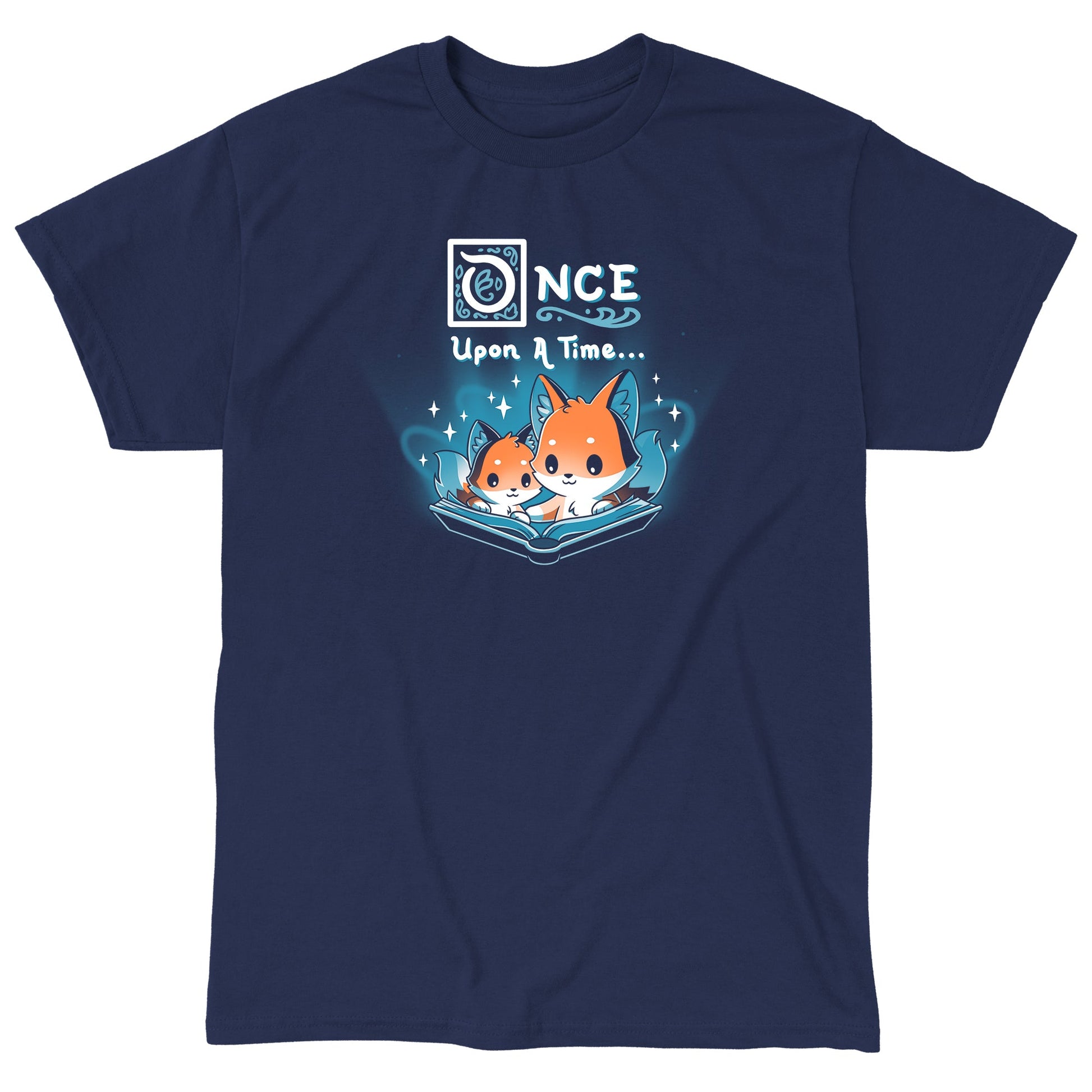 Classic Cotton T-shirt_TeeTurtle Once Upon a Time (Foxes) navy blue t-shirt featuring two cartoon foxes reading a magical open book with the words "Once Upon a Time" above them.