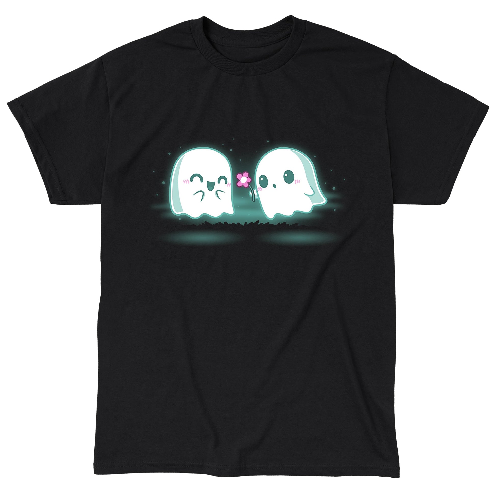 Classic Cotton T-shirt_TeeTurtle One Boo Love black t-shirt featuring two cute kawaii ghost-like Halloween characters are glowing softly in the dark on a black apparel. One ghost is smiling with eyes closed while the other offers a pink flower.