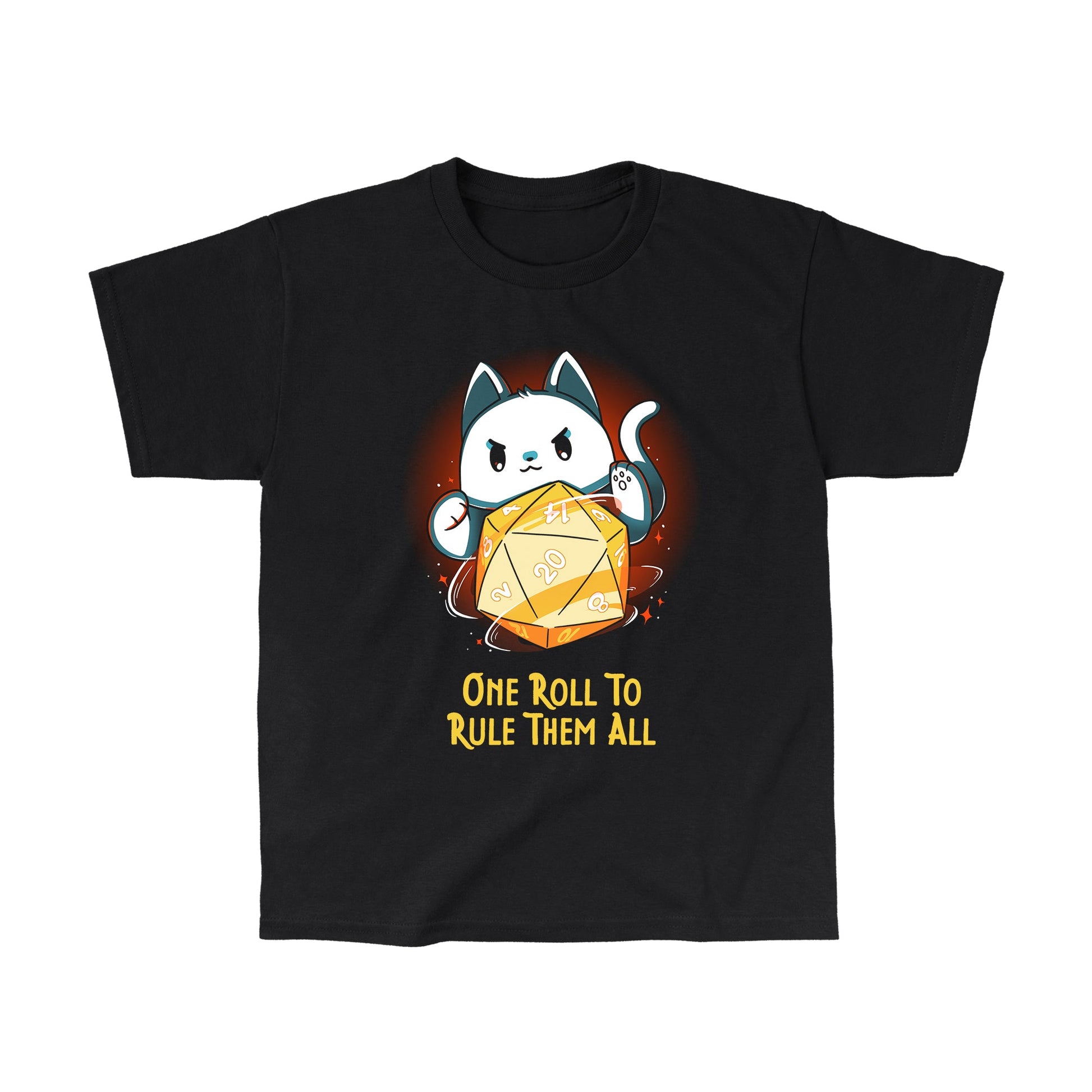 Classic Cotton T-shirt_TeeTurtle One One Roll To Rule Them All Black t-shirt featuring a white cat rolling an oversized tabletop game 20 sided dice, with 20 facing forward, and the text in fantasy script "One roll to rule them all" below. 