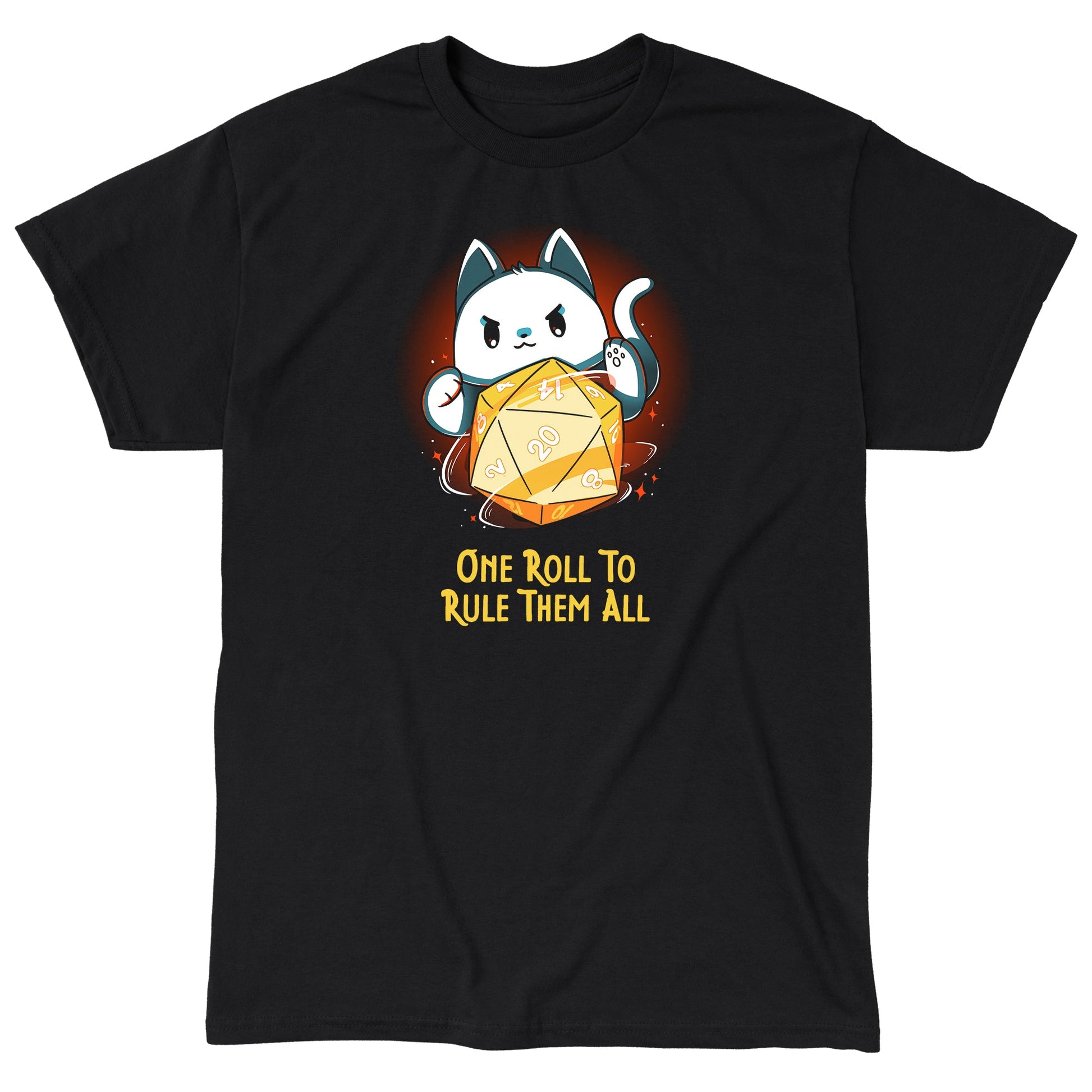 Classic Cotton T-shirt_TeeTurtle One One Roll To Rule Them All Black t-shirt featuring a white cat rolling an oversized tabletop game 20 sided dice, with 20 facing forward, and the text in fantasy script "One roll to rule them all" below. 