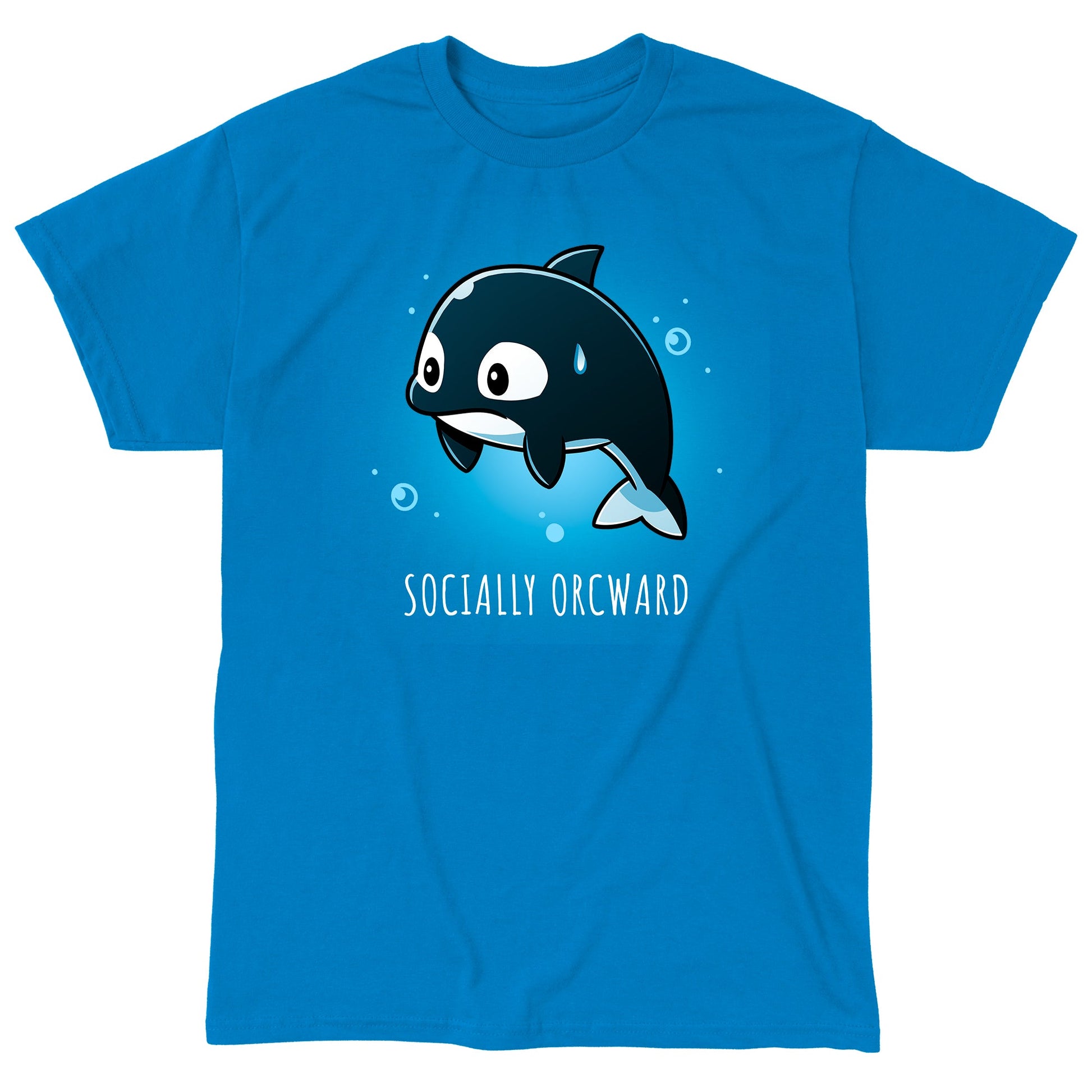 Classic Cotton T-shirt_TeeTurtle Orcward Sapphire Blue t-shirt featuring a cartoon of an orca with a nervous expression, a sweat drop on its head, and the text "SOCIALLY ORCWARD" below it. 