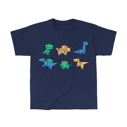 Classic Cotton T-shirt_TeeTurtle Origami Dinos navy blue t-shirt featuring a collection of origami dinosaurs in different colors.