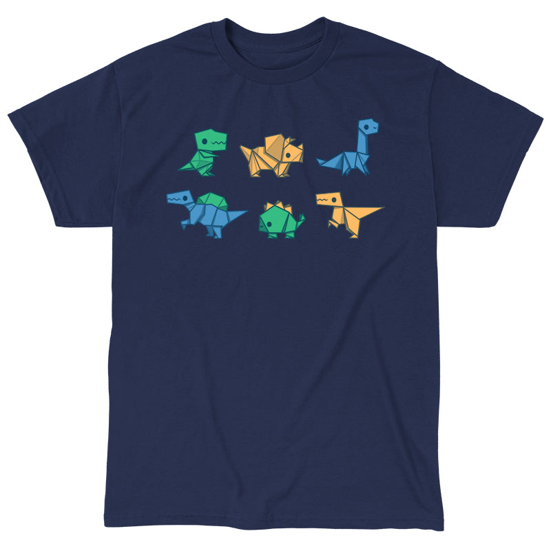 Classic Cotton T-shirt_TeeTurtle Origami Dinos navy blue t-shirt featuring a collection of origami dinosaurs in different colors.