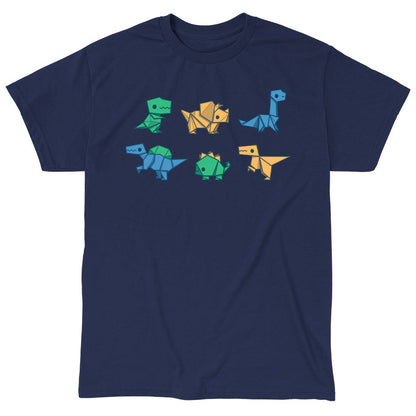 Classic Cotton T-shirt_TeeTurtle Origami Dinos navy blue t-shirt featuring a collection of origami dinosaurs in different colors.