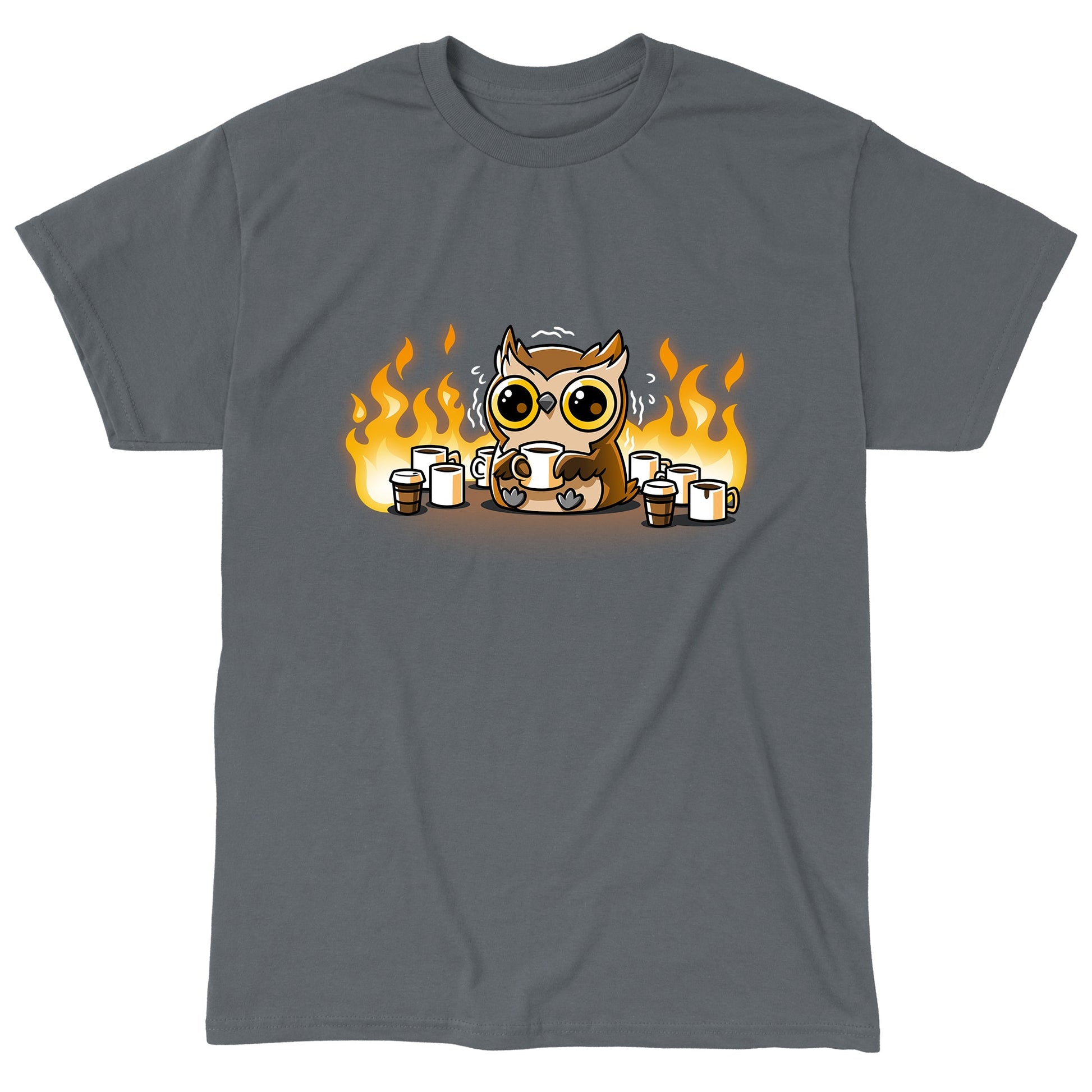 Classic Cotton T-shirt_TeeTurtle charcoal gray Owl I Need Is A Little Coffee t-shirt featuring an anxious, caffeinated owl with wide eyes holding a coffee cup surrounded by empty coffee cups with fire in the background.