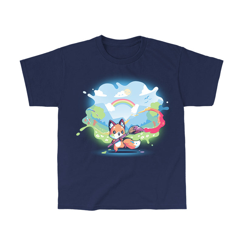 Classic Cotton T-shirt_TeeTurtle Paint Your Own World navy blue t-shirt featuring a drawing cartoon fox who holds a paintbrush, trailing vibrant colors as it paints a lively landscape with hills, trees, a rainbow, and a bright sky.