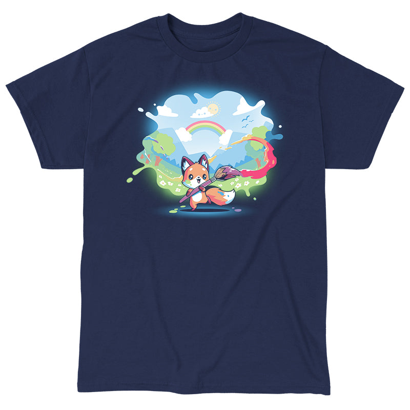 Classic Cotton T-shirt_TeeTurtle Paint Your Own World navy blue t-shirt featuring a drawing cartoon fox who holds a paintbrush, trailing vibrant colors as it paints a lively landscape with hills, trees, a rainbow, and a bright sky.