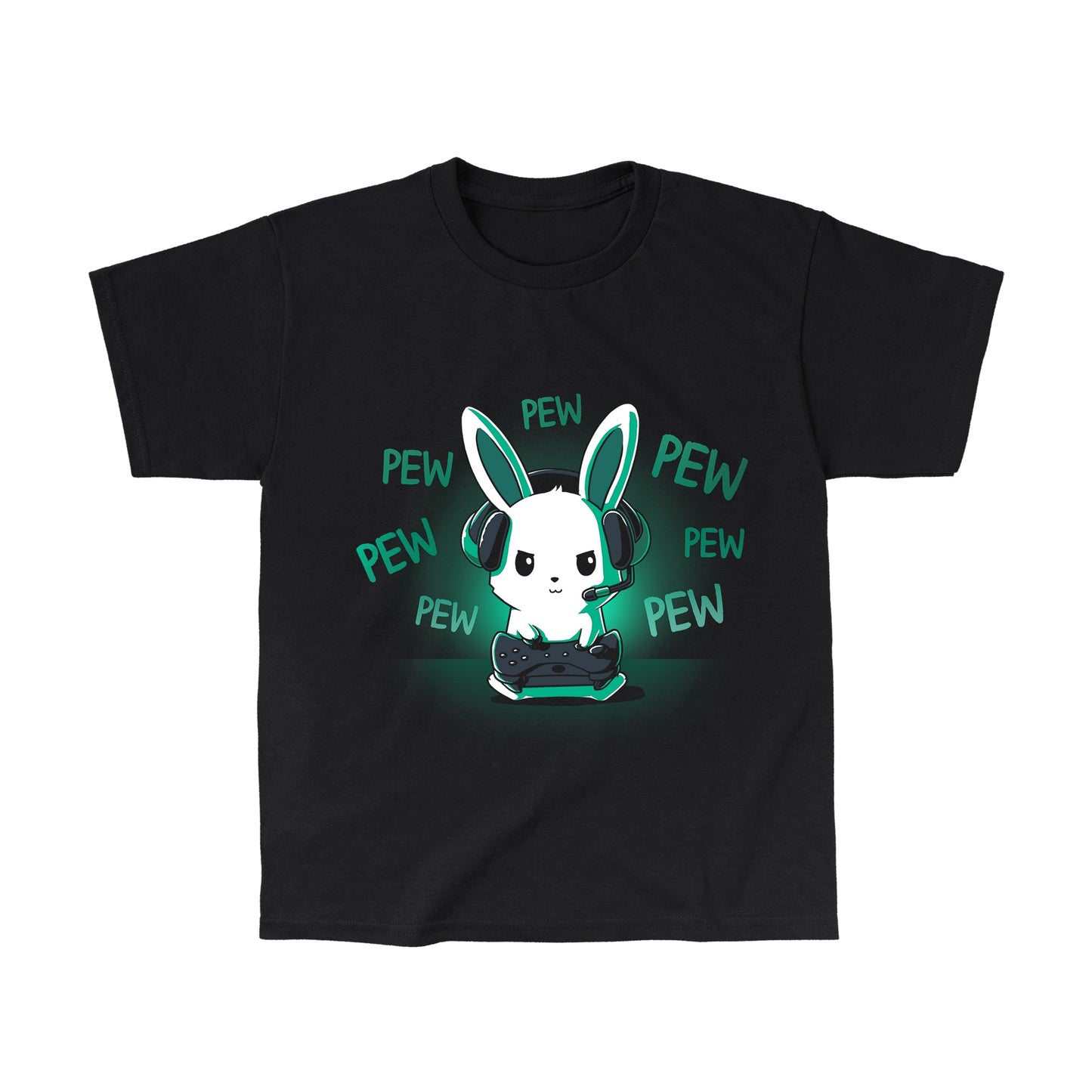 Classic Cotton T-shirt_TeeTurtle black Pew Pew Bunny. Featuring a bunny playing a video game with a controller making pew-pew sounds.