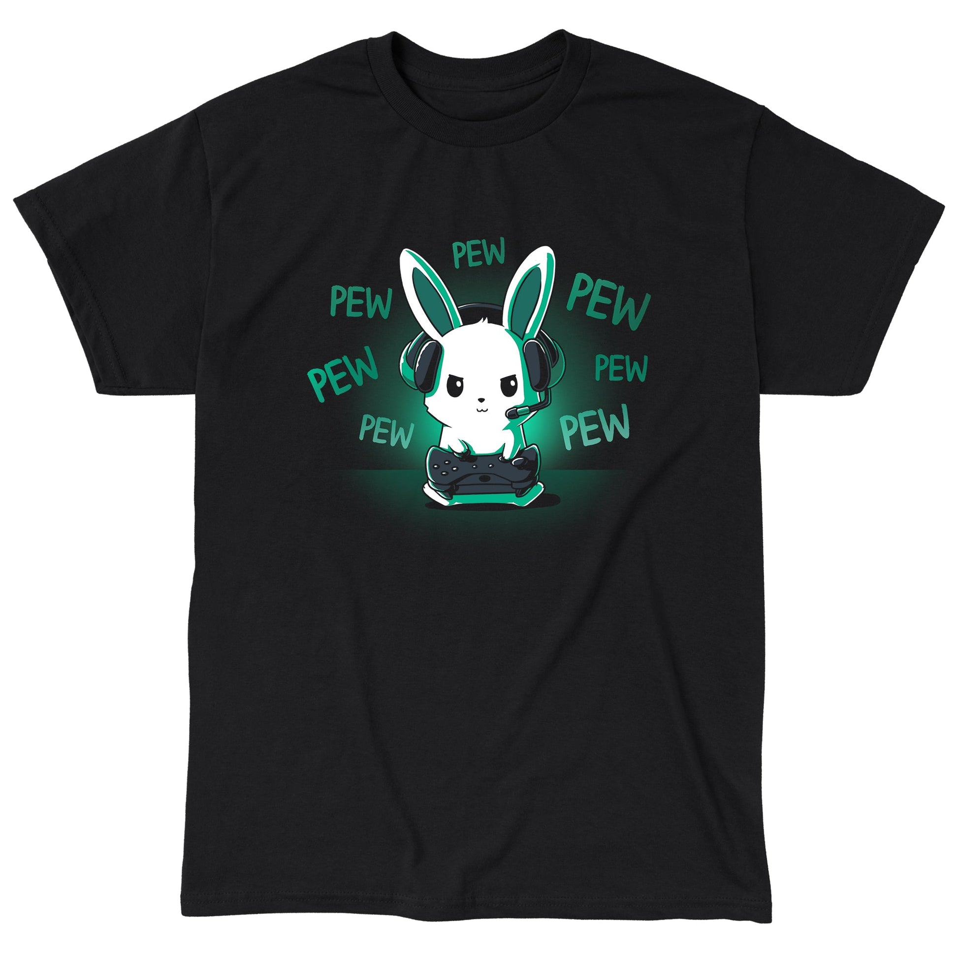 Classic Cotton T-shirt_TeeTurtle black Pew Pew Bunny. Featuring a bunny playing a video game with a controller making pew-pew sounds.