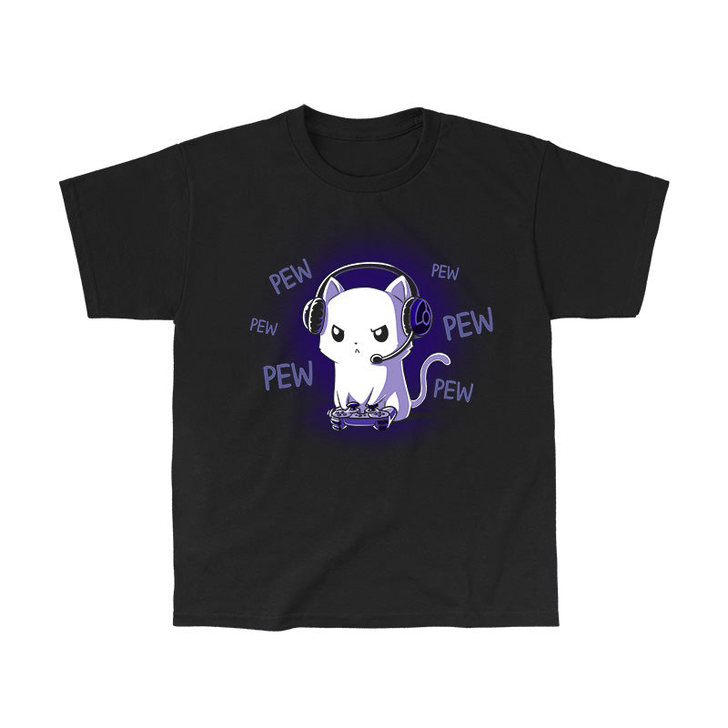 Classic Cotton T-shirt_TeeTurtle Pew Pew Kitty (Glow) black t-shirt featuring a white cat looking angry wearing a headset and holding a controller gaming surrounded by the word "pew."