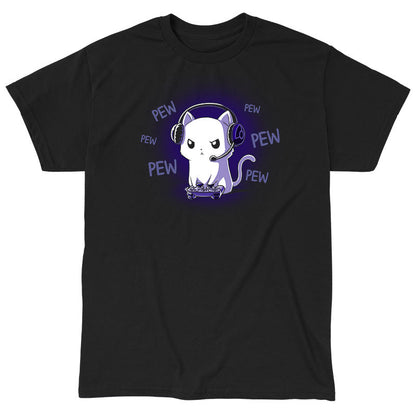 Classic Cotton T-shirt_TeeTurtle Pew Pew Kitty (Glow) black t-shirt featuring a white cat looking angry wearing a headset and holding a controller gaming surrounded by the word "pew."