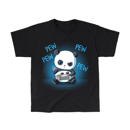 Classic Cotton T-shirt_TeeTurtle black Pew Pew Panda. Featuring a panda playing a video game with a controller.