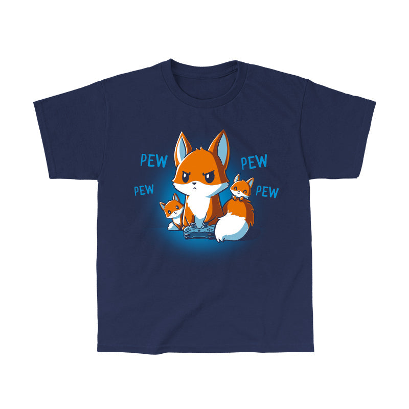 Classic Cotton T-shirt_TeeTurtle navy blue Pew Pew Parent. Featuring a parent fox playing a video game with a controller and its kits climbing over it.