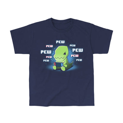 Classic Cotton T-shirt_TeeTurtle navy blue Pew Pew Dinosaur. Featuring a t-rex playing a video game on a handheld console.