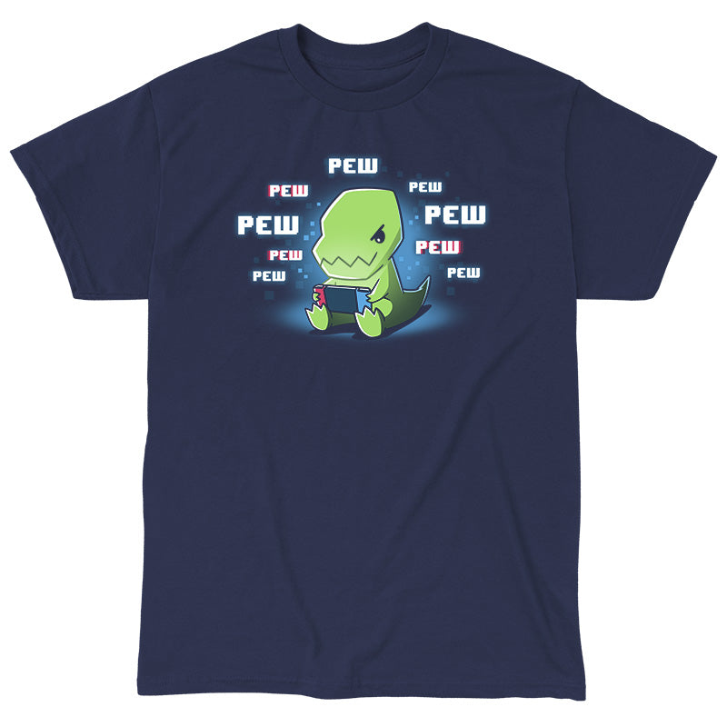 Classic Cotton T-shirt_TeeTurtle navy blue Pew Pew Dinosaur. Featuring a t-rex playing a video game on a handheld console.